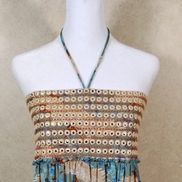 04099 Raga aqua, tan & rust bird print tiered satin strapless maxi dress M - Picture 2 of 14